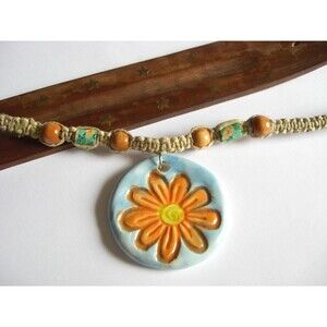 Hemp Choker Daisy Ceramic Pendant 16” Necklace w Daisy Fimo Tube Beads Boho